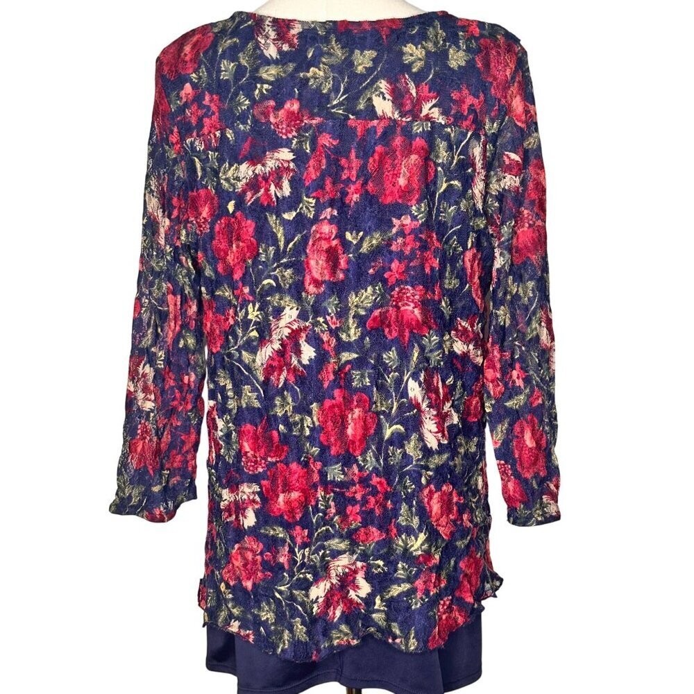 Lee  Floral Lace Tunic Top Womens XL Navy Hot Pink Flowy Cottage 90s Y2k Fairy - Picture 2 of 12
